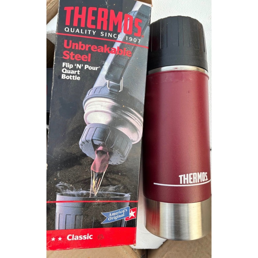 Vtg Thermos Unbreakable Steel Flip N Pour 1 Quart Vacuum Bottle Red Stainless